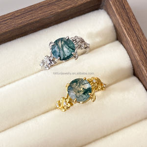 Anillo Apilable Minimalista de Latón Clásico con Ágata Musgosa Ecológica para Mujer, Anillos de Compromiso y Boda - Product Image 2