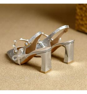 Silver French Mary Jane High Heel Sandals, Pointed Toe One Strap Buckle <b>Block</b> Heel Bridal Wedding Shoes for Women - Product Image 4