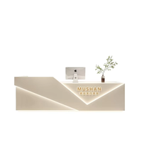 Meubles de salon de beauté au design moderne et créatif, comptoir de réception en bois beige avec éclairage LED, rangements et tiroirs