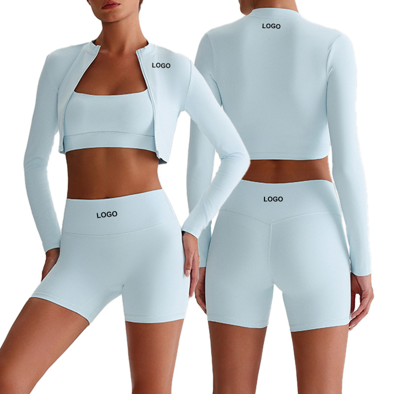 0322 Three Piece Women Yoga Set Skin-friendly Sports Solid Color Yoga Suit Slim and Stretchy Jacket Fitness Shorts Suit