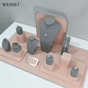 EIMEI OEM Gray Velvet Pink Base 12Pcs <b>Necklace</b> Bust Earring <b>Ring</b> Bracelet Holder Boutique Retail Jewelry Display Stand Set - Product Image 6