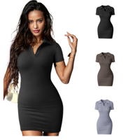 Mini robe moulante côtelée élégante modeste pour femmes contrôle du ventre manches courtes pour les fêtes d'hiver lavable Streetwear solide