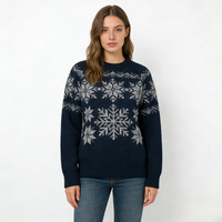 Pull d'hiver bleu marine pour femme, motif flocon de neige jacquard, tricoté, vente en gros, fabrication OEM, pull personnalisé