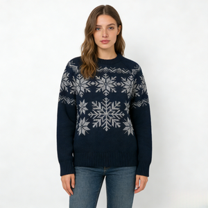 Suéter Azul Marino de Invierno para Mujer, Suéter de Punto Jacquard con Copos de Nieve Grandes, Venta al por Mayor, Fabricación OEM, Suéter Personalizado - Product Image 2