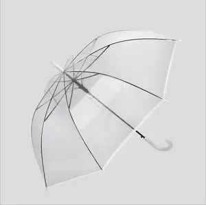 도매 작은 신선한 긴 손잡이 색상 스트레이트 막대 투명 우산 자동 맞춤형 로고 우산