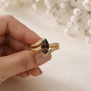 Anillo de compromiso de cuarzo ahumado natural con corte marquesa, chapado en oro de 18 quilates, plata de ley 925, anillos de mujer, joyería vermeil de eternidad. - Product Image 5