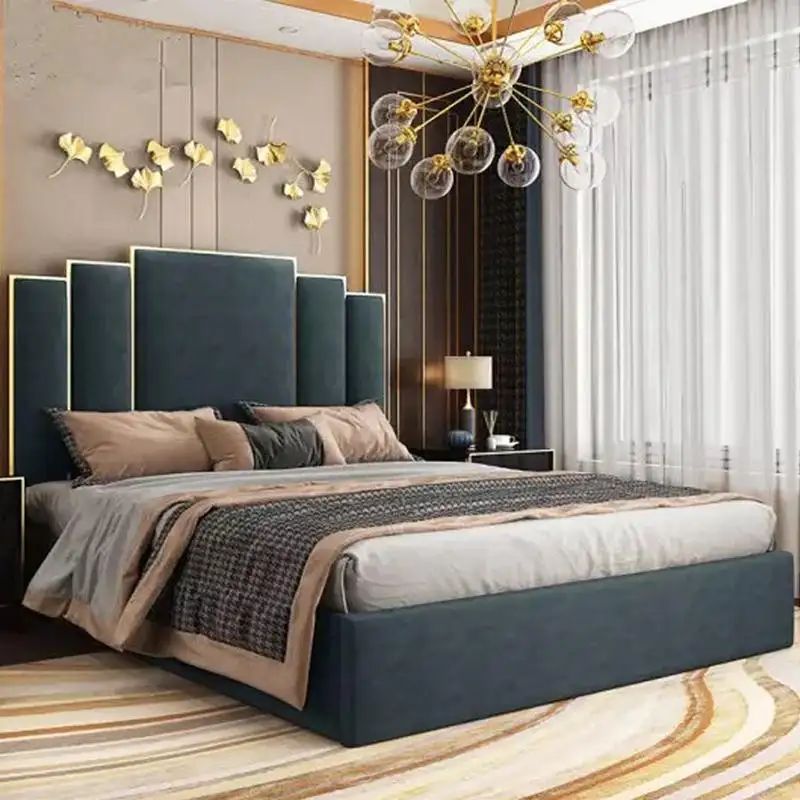 Latest double bed designs golden stainless steel headboard velvet bed frame full size couple queen double bed