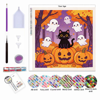 A-133 Kit de Peinture Diamant Complet DIY, Motif Mignon Citrouille d'Halloween, Fantôme, Chat Noir, Décoration Cartoon, Coffret Cadeau