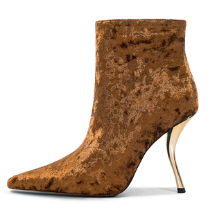 Botines de tacón irregular con gancho dorado para mujer, de terciopelo suave, con cremallera lateral y punta afilada - Product Image 4