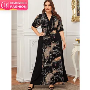 Robe Sexy avec col en v, longueur au sol, impression chaîne, manches courtes, vêtement pour femmes, grande taille, noir, nouvelle collection 5094