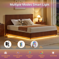 Cadre de lit King Size avec éclairage LED, lignes courbes ondulées en bois moderne, design de panneau à rainures convexes, noyer.