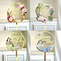 Ins Style Acryl Happy Birthday Kuchen Karte mit Wellen blumen Metall Textur farbig bedruckte Party zubehör für Kuchen Dekorieren