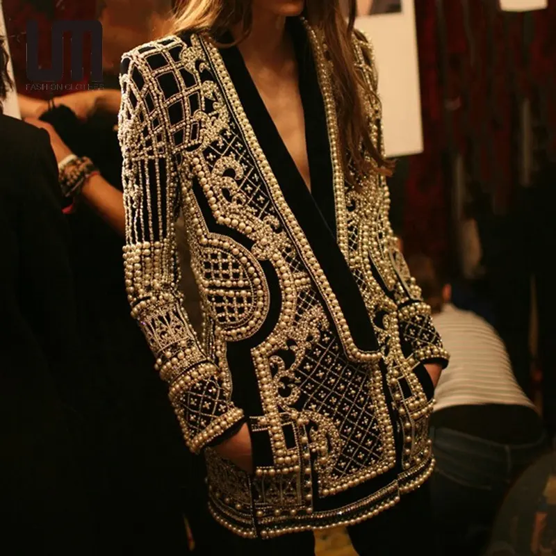 Liu Ming jual panas 2023 mode mewah wanita leher V lengan panjang Perancis Retro manik-manik jaket Blazer mantel
