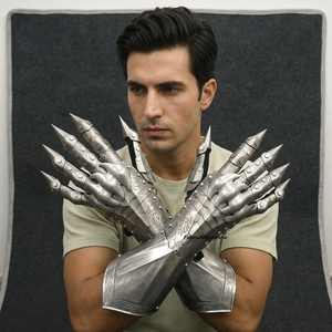 Gants de chevalier médiévaux en acier inoxydable plaqué argent, style antique, armure de bras moulée, objet de collection artistique - Product Image 1
