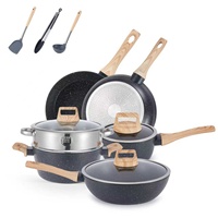 Grosir 12 PCS Set Panci Masak Dapur Granit Warna Putih dan Hitam Anti Lengket dengan Gagang Kayu