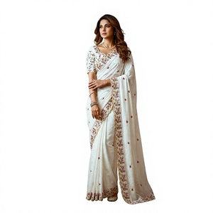 Sari blanc brodé pour femmes, tenue traditionnelle indienne pour mariage et soirée, longueur au sol, coupe classique, sans plis, séchage rapide - Product Image 1