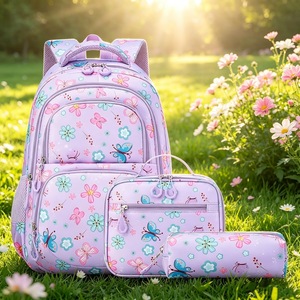 Purple Butterfly Flower Student Backpack Set Lightweight School Bag Large Capacity Zipper Bookbag for Girls - Product Image 1