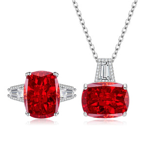 Ensemble de bijoux de mariage unisexe en cuivre plaqué or avec collier et pendentif en zircone cubique rouge haute teneur en carbone, taille 12*16mm, vente en gros - Product Image 1