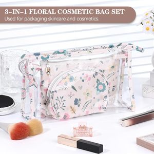 Lot de 3 trousses de maquillage florales imperméables, petites pochettes transparentes avec fermeture éclair, sacs de voyage portables pour articles de toilette - Product Image 3