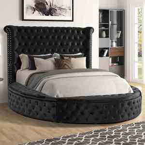 King <b>Size</b> Adjustable Modern Soft <b>Bed</b> Round Storage Black Velvet Like Acrylic Button-Tufted Wingback Design - Product Image 2