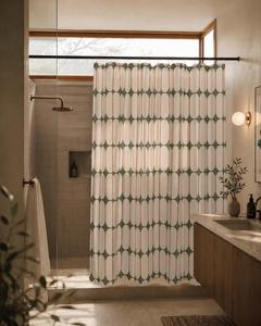 Cortina de Ducha Geométrica Ovalada Verde Oliva Beige Estilo <span class=keywords><strong>Bauhaus</strong></span>, Resistente a la Decoloración y a las Manchas - Product Image 2