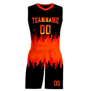 Conjunto de Uniforme de Baloncesto Sublimado Personalizado con Diseño de Llamas, 100% Poliéster, Absorbente de Humedad, Unisex, para Adultos, Cuello en V, Sin Mangas - Product Image 1