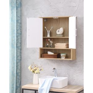 <b>Adjustable</b> White Natural Wood Bathroom Wall Cabinet with Double Door & Bottom <b>Shelf</b> Wavy Patterned Doors Easy Installation - Product Image 5