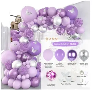 118件紫色气球花环蝴蝶贴纸丁香紫色铬五彩纸屑气球拱门套装婚礼派对气球