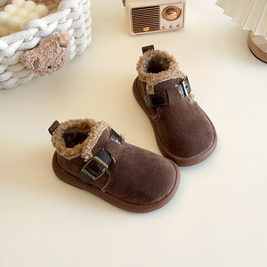 Bottes courtes en cuir pour enfants, tendance, hiver, semelle souple, chaudes, en fourrure, avec boucle, chaussures décontractées en coton pour enfants - Product Image 3