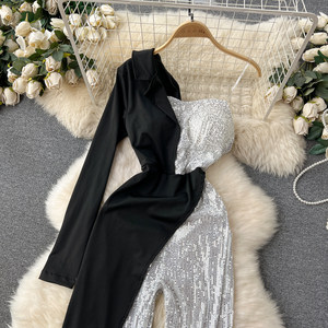 Elegante <span class=keywords><strong>Mono</strong></span> Largo con Hombros Descubiertos, <span class=keywords><strong>Lentejuelas</strong></span> y Parches, de Manga Larga y Pierna Ancha para Mujer, Ideal para Fiestas y Eventos Nocturnos - Product Image 2