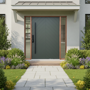 <span class=keywords><strong>Porte</strong></span> d'entrée en bois massif acajou et chêne, finition usine, avec double vitrage latéral, insonorisée, à pivot unique - Product Image 1