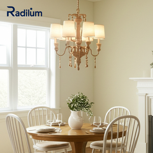 Mollie Đèn chùm mộc mạc chạm khắc gỗ với Linen Shades, phong hóa kết thúc, mạ vàng tua giọt, Pháp Nước mặt dây chuyền chiếu sáng - Product Image 1