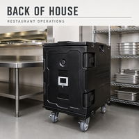 Conteneur isotherme à chargement frontal pour aliments, boîte chauffante en LLDPE rotomoulé avec roues pour le transport commercial de la restauration