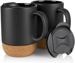 Ensemble de tasses en céramique noir mat avec fond en liège et couvercle anti-fuite, grandes tasses à café pour hommes et femmes, bureau - Product Image 2