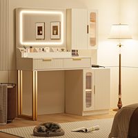 Meja Rias Putih dengan Cermin LED & Stasiun Pengisian Daya, Meja Makeup dengan Laci Perhiasan & Lemari Kaca untuk Kamar Tidur Rumah