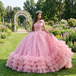 Robe de bal Quinceañera Lsmu187 rose poudré, longueur ras du sol, traîne chapelle, en satin moderne, imprimé pailleté, décolleté cœur, taille naturelle, pour soirée - Product Image 1