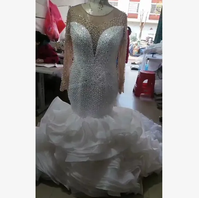 2022 New Africa Sexy Wedding Dresses Mermaid Ruffle Long Train Crystal Beaded Pearl Luxury Formal Bridal Gowns