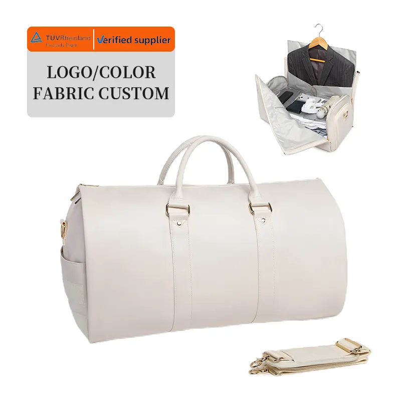 حقيبة سفري أسبوعية من الجلد الصناعي الأبيض قابلة للطي وتوسع حسب الطلب حقيبة ملابس قابلة للطي