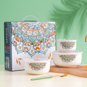 <span class=keywords><strong>Bol</strong></span> en céramique 3 ensembles de boîte à déjeuner micro-ondes ouverture de la boîte fraîche cadeaux promotionnels porcelaine peut être imprimé LOGO (C018) - Product Image 1