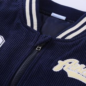 Chaqueta Escolar de Pana con Logotipo Personalizado, Chaqueta de Piloto Azul Marino con Letras, Uniforme de Béisbol Unisex con Mangas en Contraste - Product Image 3