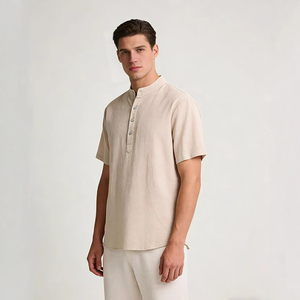 Fornitore di T-Shirt Personalizzate, <span class=keywords><strong>Camicia</strong></span> in Cotone e <span class=keywords><strong>Lino</strong></span> da Uomo, Manica <span class=keywords><strong>Corta</strong></span>, Stile Henley, T-Shirt Estiva da Spiaggia Casual Minimalista con Logo - Product Image 3