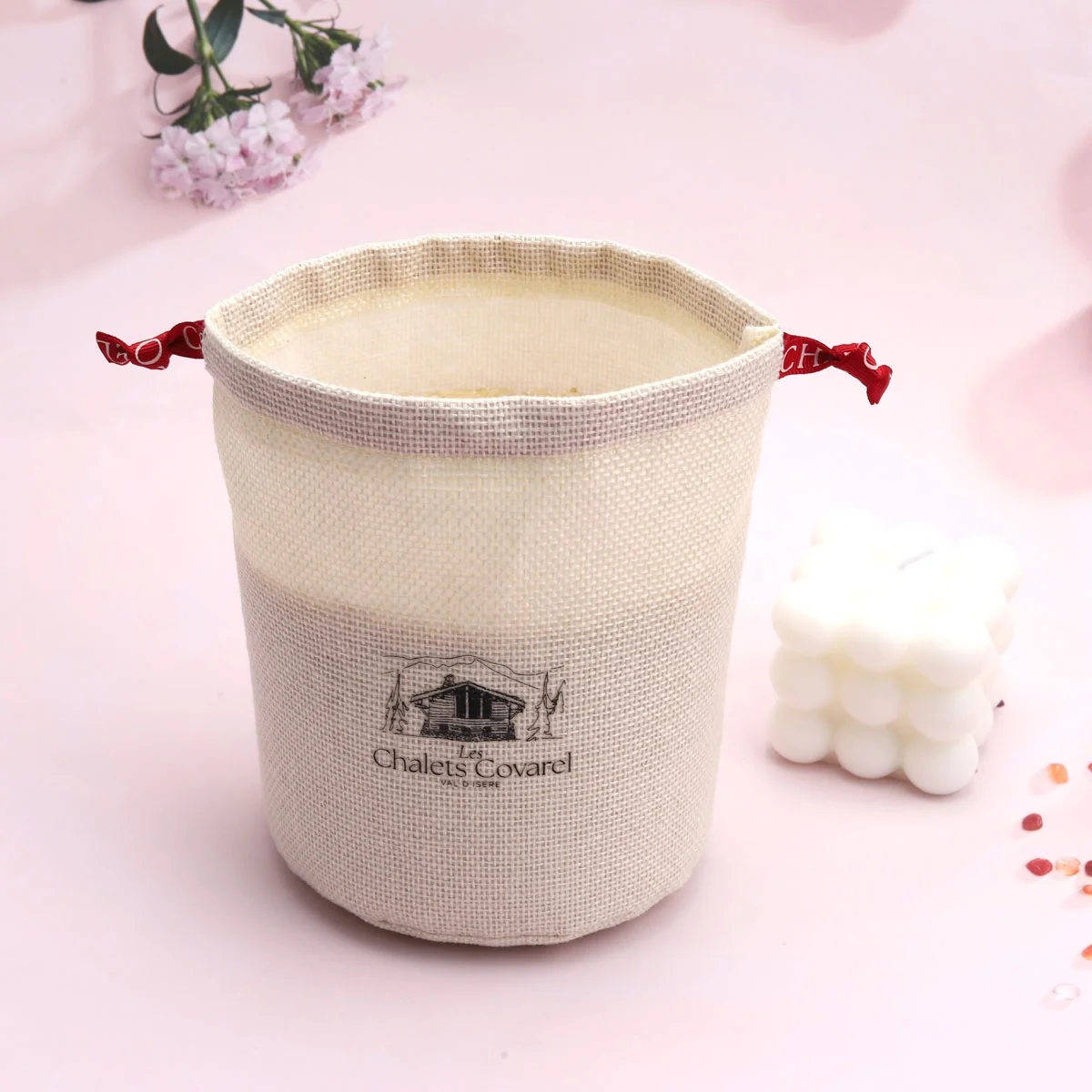 Organic Square Bottom Jute Candle Chocolate Pouch detail