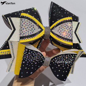 Moños de Competición de Alta Calidad Triple Threat, Color Amarillo Neón y Azul Rey, Moños Grandes de 7 Pulgadas con Cola Completamente Decorada con Pedrerí<span class=keywords><strong>a</strong></span> - Product Image 1