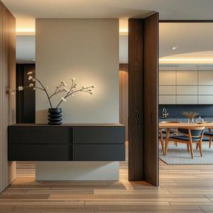 Mueble de <span class=keywords><strong>recibidor</strong></span> integrado a medida con acabado mate, estante de exhibición empotrado, <span class=keywords><strong>perchero</strong></span> y panel deslizante silencioso para el vestíbulo principal de una villa de lujo - Product Image 1