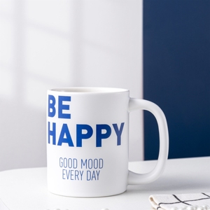 Taza de Té de Cerámica con Estampado Be Happy Good Mood de 400 ml, Taza de Café de Cerámica Azul y Blanca con Asa, Regalo Promocional - Product Image 3