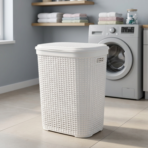 White Color Honeycomb Patterned Multifunction Plastic Laundry <b>Basket</b> with Lid Made in TR - Product Image 2