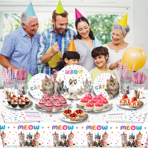 Ensemble <span class=keywords><strong>de</strong></span> vaisselle moderne pour fête d'anniversaire sur le thème du chat, <span class=keywords><strong>assiettes</strong></span> et serviettes <span class=keywords><strong>jetables</strong></span> écologiques avec accessoires sur le thème du chat - Product Image 4