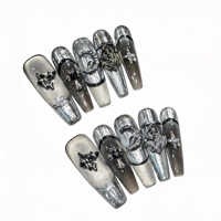 Ongles artificiels pleine couverture forme amande, style Nail Art Dark Gown Silver Magic Mirror French, haut de gamme, Punk Gothique, Dark Hot Girl