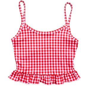 Top a canotta con volant e stampa a quadretti <span class=keywords><strong>rossi</strong></span> monogrammati per bambine con <span class=keywords><strong>pantaloni</strong></span> a zampa d'elefante abbinati, completo da 2 pezzi - Product Image 2