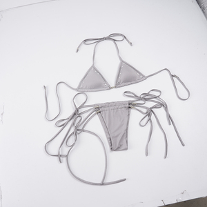 Conjunto de Bikini Corto Sexy para Mujer con Logotipo Personalizado al por Mayor, con Pedrería y Tiras, Ecológico, de Secado Rápido, para Playa de Verano - Product Image 5